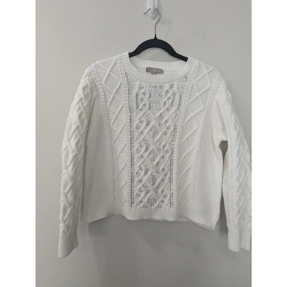 J. Crew White Cable-Knit Crewneck Sweater